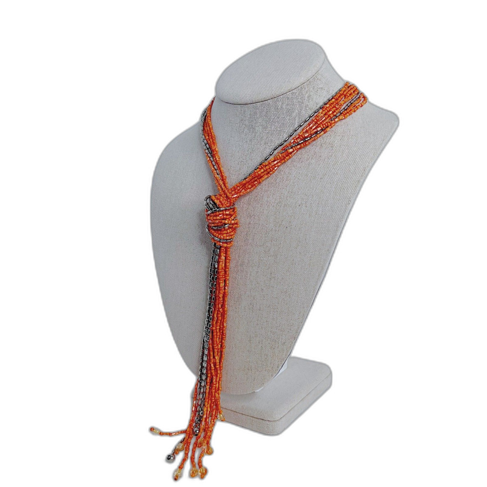 Vintage Orange Beaded Knotted Tassel Necklace Flapper Style Statement